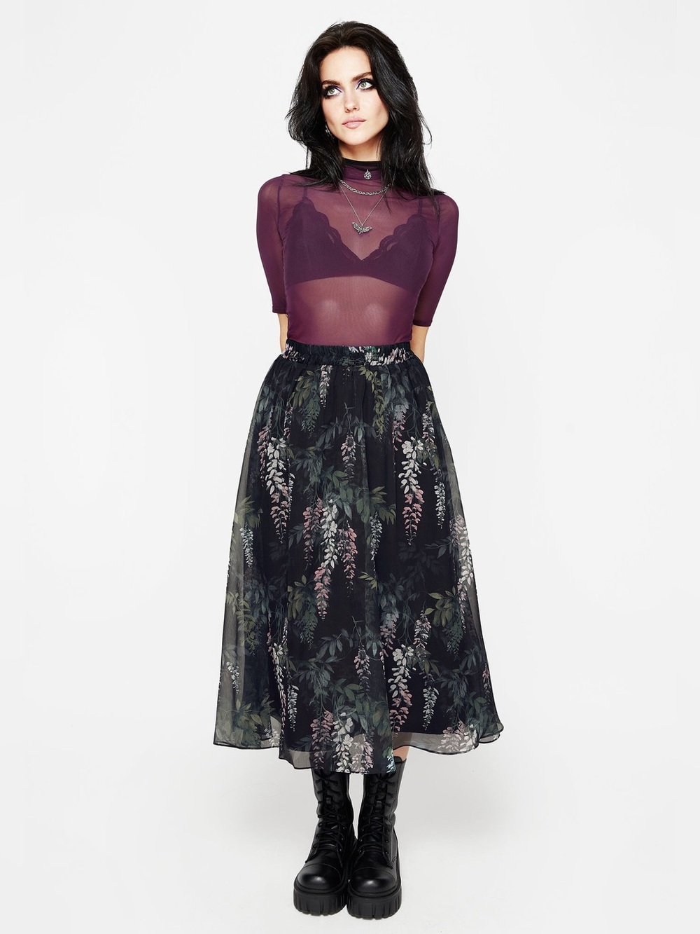 Disturbia | Wisteria Floral Print Chiffon Midi Skirt
